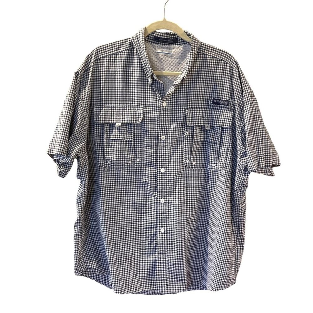 Columbia PFG Super Bahama Mens Short Sleeve Fishing Shirt XL Navy & White Gingha